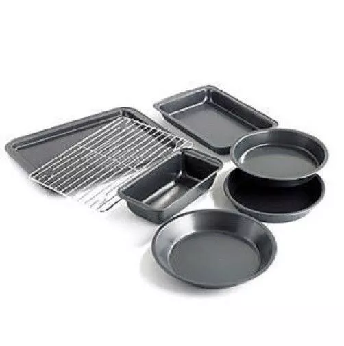 Non-Stick Bakeware 7 Pc Set Cookie Sheet Pie Cake Brownie Loaf Pan Cooling Rack