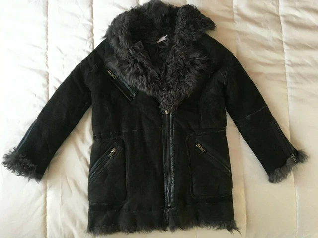 Asos 100% Toscana Sheepskin Shearling Coat Black Grey Biker Size Us 6 8 Excellen