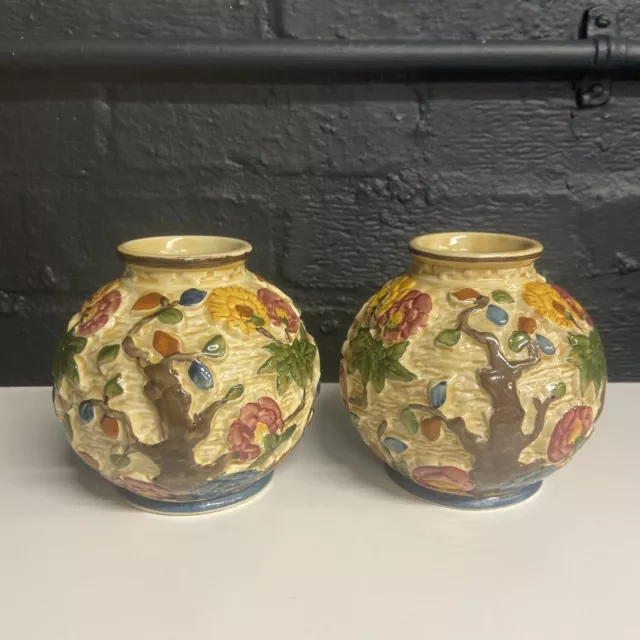 Pair H J Wood Indian Tree Staffordshire Hand Painted 574 Vases B73