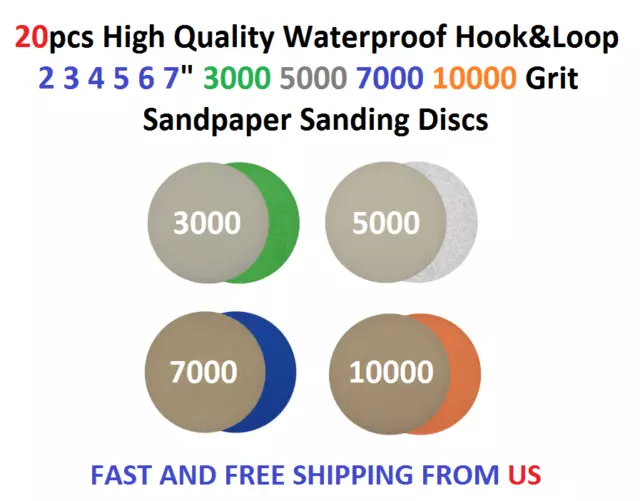 20pcs Wet/Dry Hook&Loop 1 2 3 4 5 6 7" 3000 5000 7000 10000Grit Sanding Discs