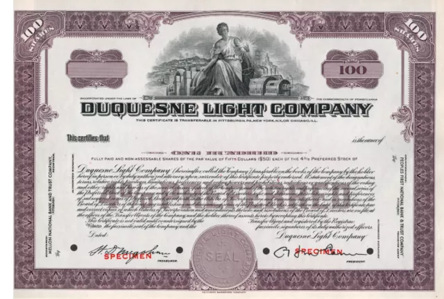 Duquesne Light Company - Original Stock Certificate -Unused - Specimen
