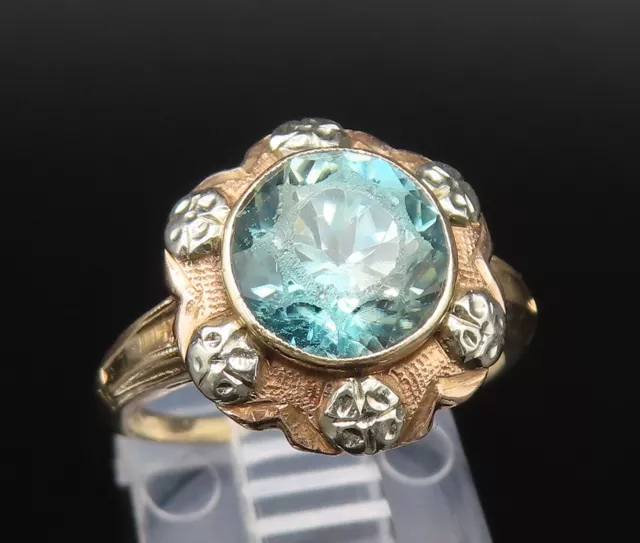 14K GOLD - Vintage Two Tone Victorian Blue Topaz Flower Ring Sz 5.5 - GR456