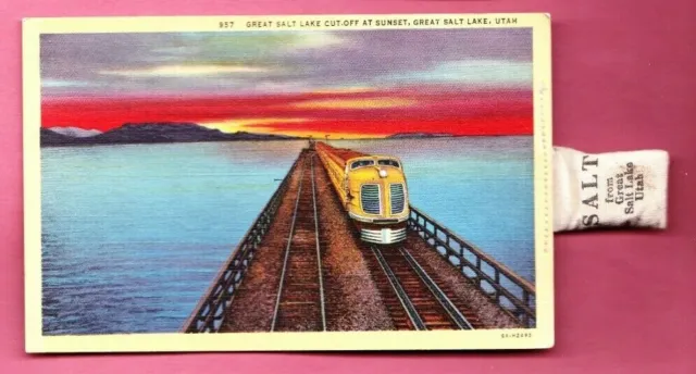 1940s VTG Oddity Southern Pacific RR Linen Novelty Postcard ~ Great Salt Lake UT