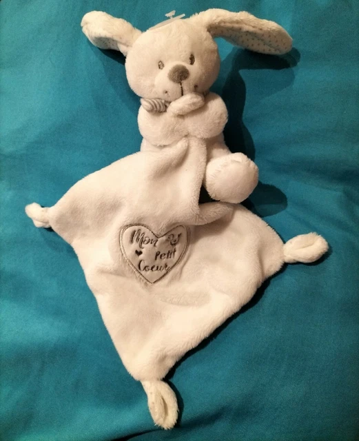 ⭐⭐⭐ Doudou Mouchoir Lapin Blanc Mon Petit Coeur 19/19CM POMMETTE NEUF !
