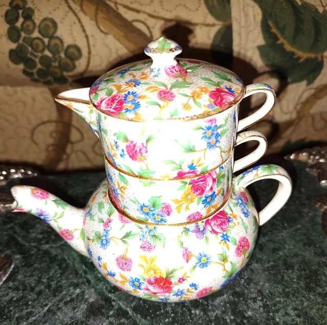 Vintage Royal Winton Grimwades Mini Stacking Tea Set Old Cottage Chintz 3