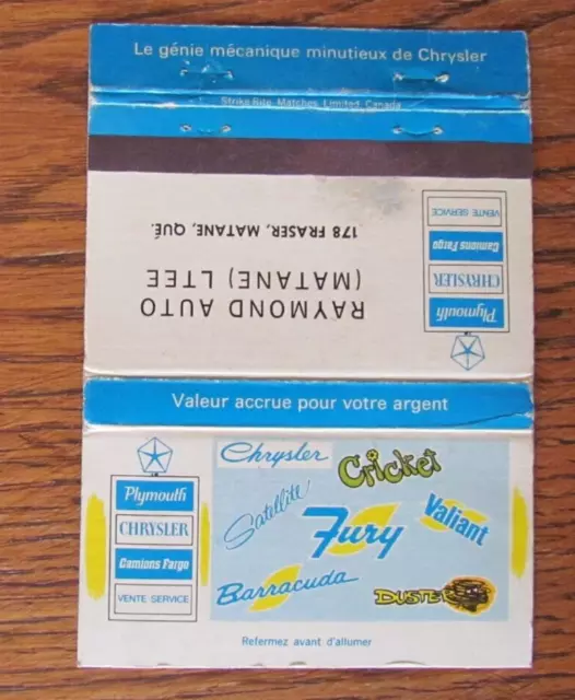 Plymouth Chrysler Car Dealer Matchbook Cover: Matane, Quebec Empty Matchcover B5