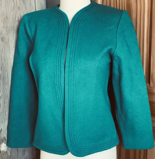 Vtg Boiled Wool 70s 80s Blazer Jacket M/L Open Front Teal Deco Haute Couture EUC