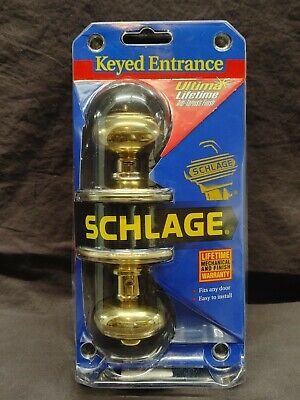 Schlage Keyed Entrance Ultima Bright Brass Doorknob Set F51 V4 Geo 505 605 NIP
