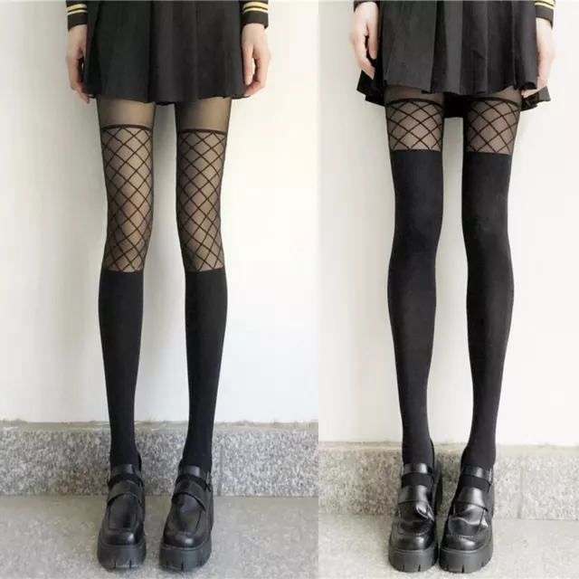 Women Black Sheer Pantyhose Fishnet Grid Print Stitching Fake Thigh Tights