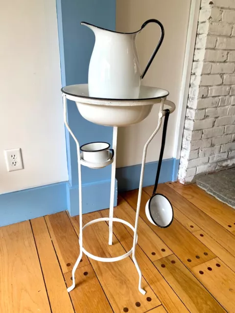 Antique Wash Stand wrought iron metal w pitcher & basin