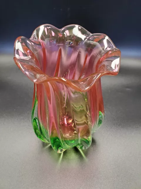 Vtg Art Glass Teleflora Hand Blown Watermelon Vase Swirled Ruffled Heavy 7.5"