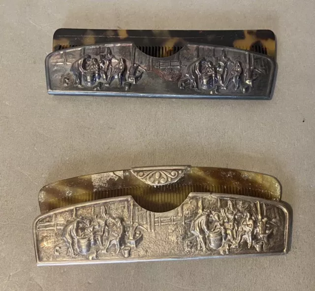 2 Ornate Antique Victorian Silver Plate Combs