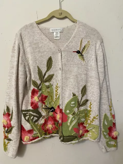 Vtg Susan Bristol Humminbird Cardigan Floral Linen/Cotton Hand Embroidered L