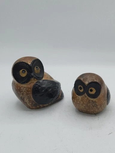 Vintage Lot of 2 OMC Japan Marked Black/Brown Ceramic Pottery Owl Birds Figurine