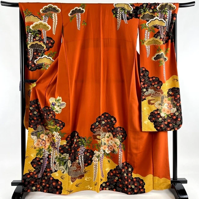 Japanese kimono SILK"FURISODE" long sleeves, Gold, SAKURA, Sign, HANAI ,65".2322