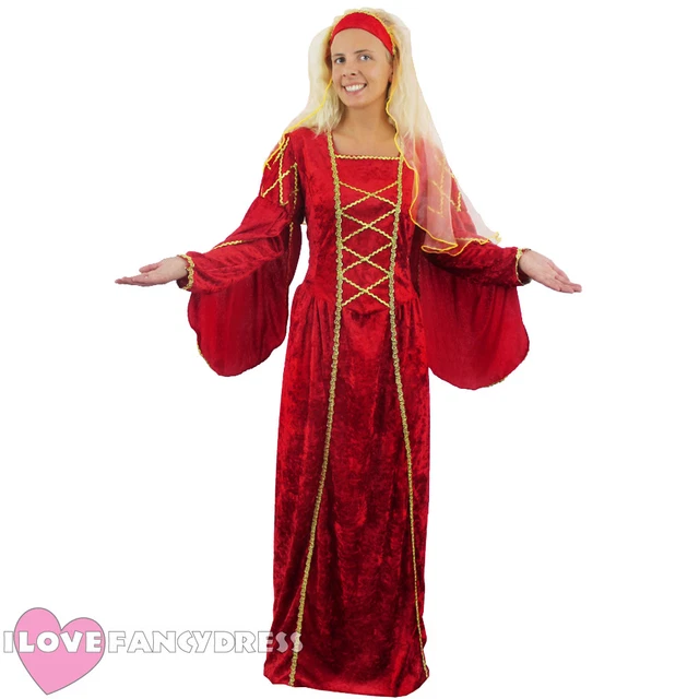 Ladies Red Tudor Queen Costume Historical Fancy Dress Medieval Royal Princess