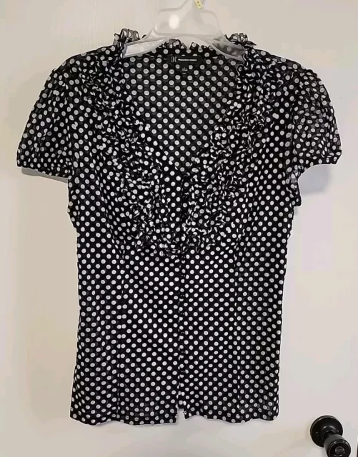 Inc  Shirt Womens Size Large Black & White Polka Dot Ruffle Shirt Blouse Top