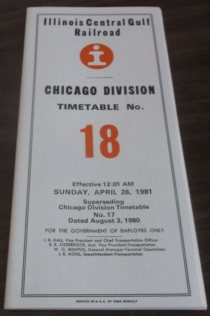 August  1980 Icg Illinois Central Gulf Chicago Division Employee Timetable #18