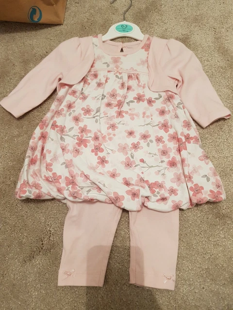ASDA GEORGE BABY Girl 0-3 Pink Floral Dress Leggings Set