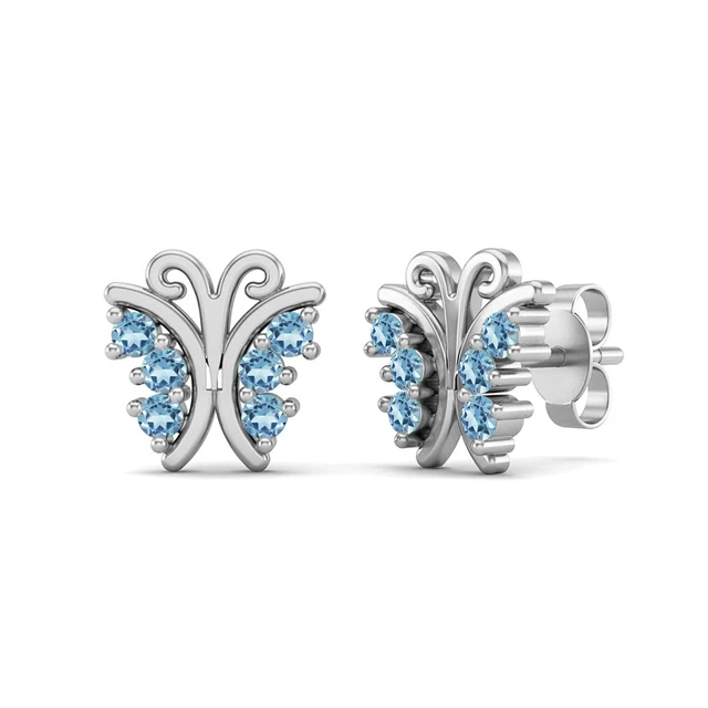 Rond Topaze Bleu 925 Argent Sterling Délicat Papillon Clou Boucle pour Femmes