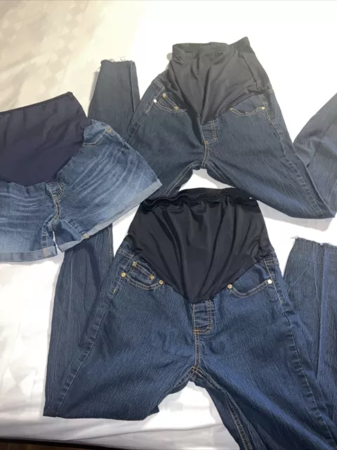 2 Pair Oh! Mamma Maternity Skinny  w/Full Panel Jeans Sz S & 1 Shorts Time & Tru