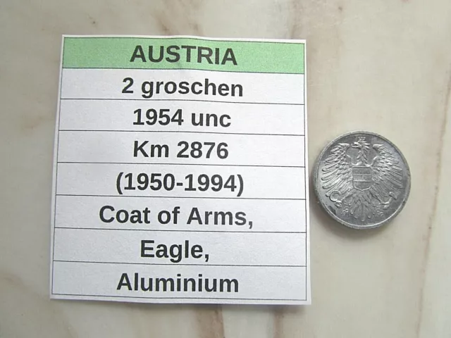 AUSTRIA, 2 groschen, 1954 unc, Km 2876 (1950-1994) Coat of Arms