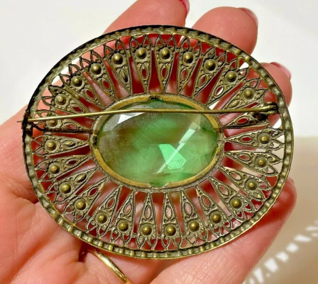 Victorian Huge Oval Green Peridot Glass Rhinestones Filigree Brass Brooch Pin 3