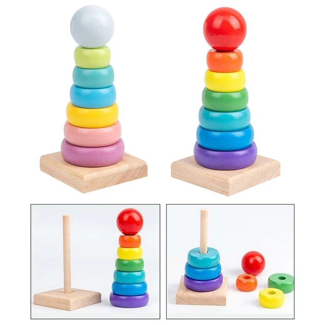 Rainbow Tower Ring Wooden Stacking Stack Up Kid Baby Educational   Toy