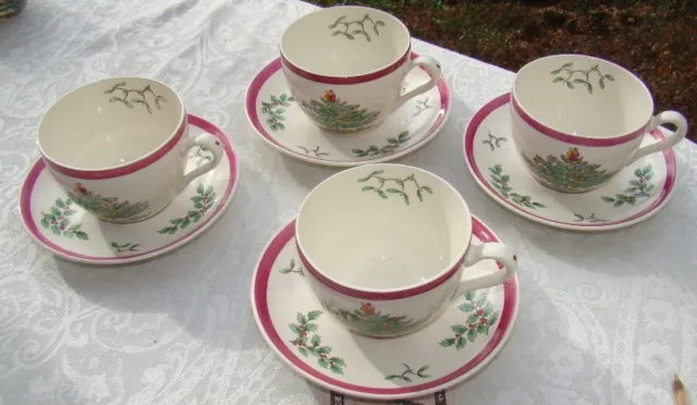 4 -  Copeland Spode Old Mark Wine RED Christmas Tree Cup & Saucer Sets - NICE!