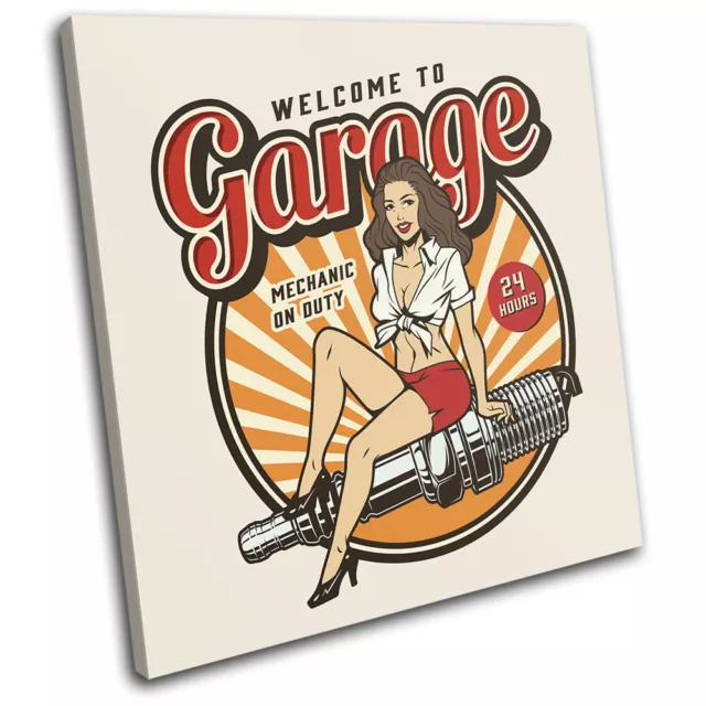 Retro Pin Up Car Bike Garage Vintage SINGLE LONA pared arte Foto impresion