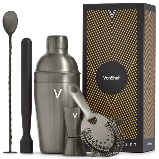 Manhattan Cocktail Shaker Set, VonShef 5Pc Brushed Bartender Kit in Gift Box
