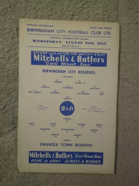 Football Programme Birmingham City Reserves v Swansea Town Reserves 1957