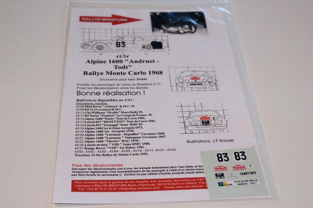 DECALS 1/43 REF 0725 ALPINE RENAULT A110 DARNICHE RALLYE NEIGE ET GLACE 1972