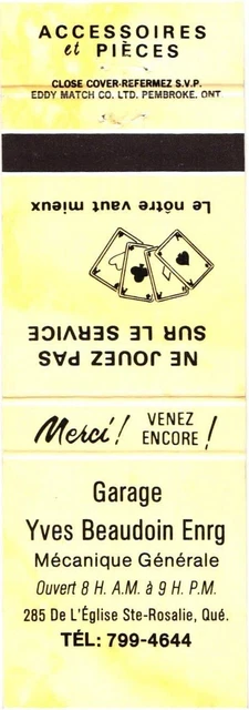 Quebec Canada Garage Yves Beaudoin Enrg. Mechanic Vintage Matchbook Cover