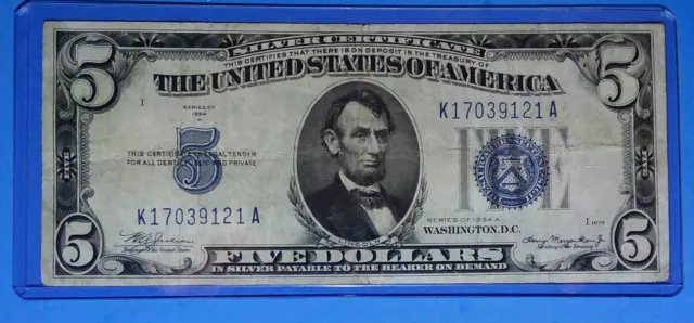 *1934-A ! $5 Silver Certificate! VF. CIRC. ! OLD US CURRENCY ! NICE !