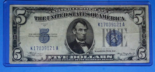 *1934-A ! $5 Silver Certificate! VF. CIRC. ! OLD US CURRENCY ! NICE !
