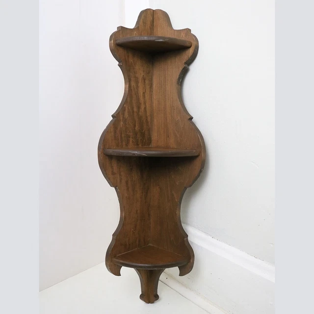 Vintage Hand Made Solid Wood Corner 3 Tier Curio Shelf Scroll Work Edge 30" Tall