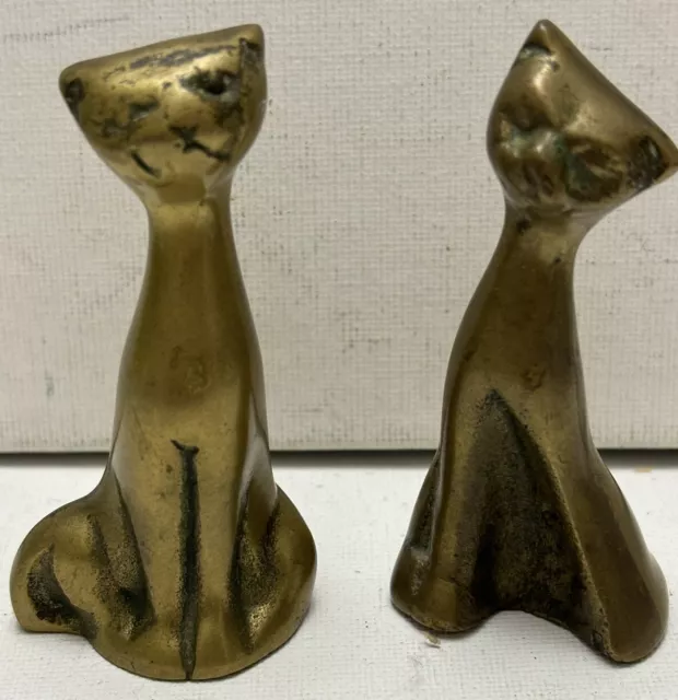 Pair Solid Brass Handcrafted Cat Figurines 2.5”-3” Made in Korea Vintage