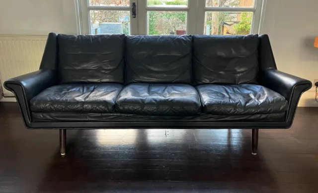 1960s Vintage Danish – wide three seat sofa – in black leather on wooden legs