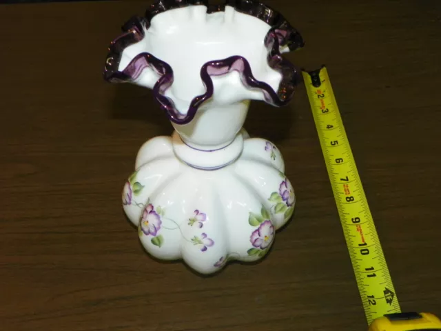 Fenton 8"  Amethyst Purple Plum Crest Melon Vase Hand Painted BEAUTIFUL