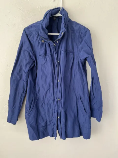 Eileen Fisher Hooded Rain Jacket M Womens Blue Full Zip Outdoors Organic Cotton