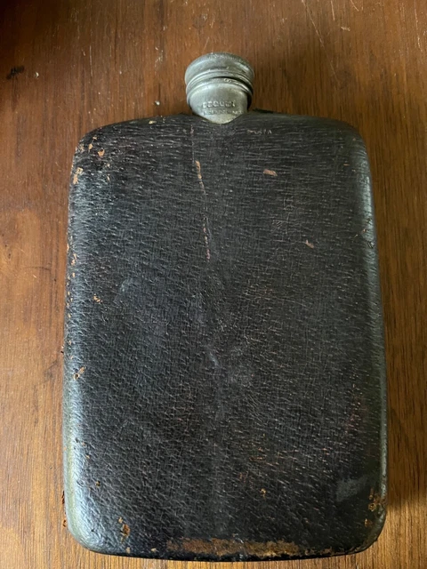 Antique 12 oz Liquor Whiskey Made in England Flask Leather Covered w/Hallmarks