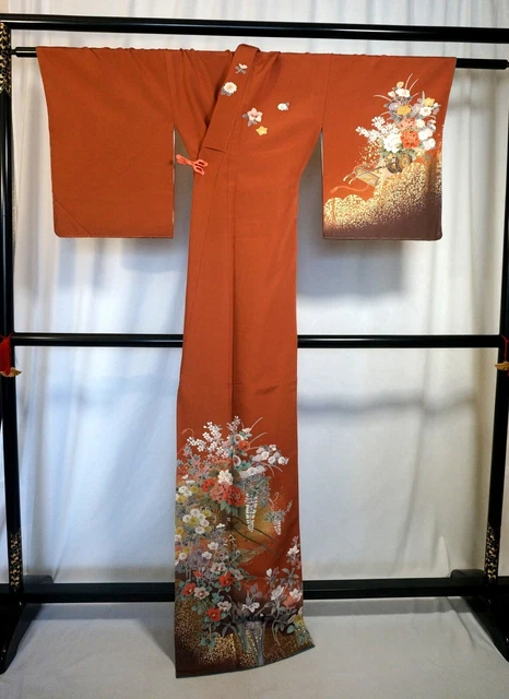 Japanese kimono  "HOUMONGI" SILK, Rowel, a Camellia ,Sign,Gold leaf,L5'6"...3410