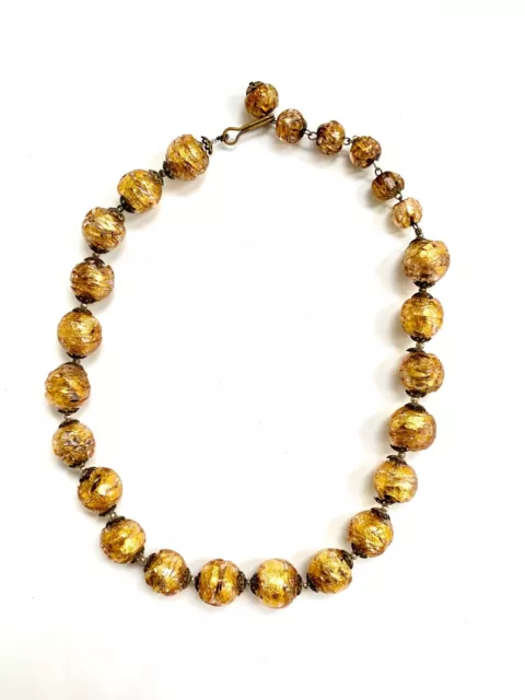 Vintage Art Deco Venetian Murano Silver Foiled Yellow Art Glass Bead Necklace