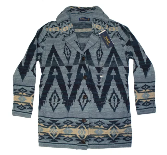 Polo Ralph Lauren Blue Indigo Cotton Southwest Shawl Cardigan Button Sweater