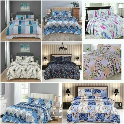 3 Pcs Patchwork Bedspread Quilted Throw Printed Bedding Set Double & king