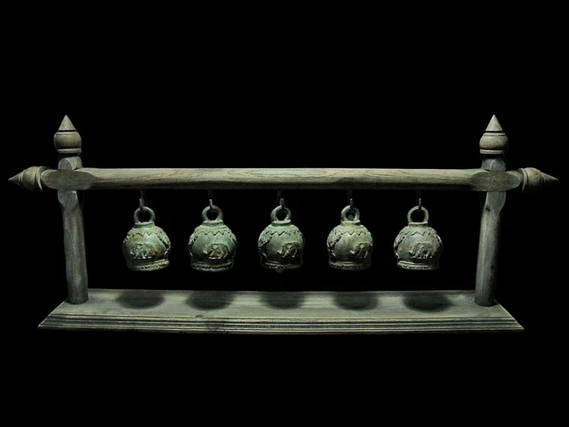 Vintage Lengthy Row Bells Thai Design On Teak Wood Stand