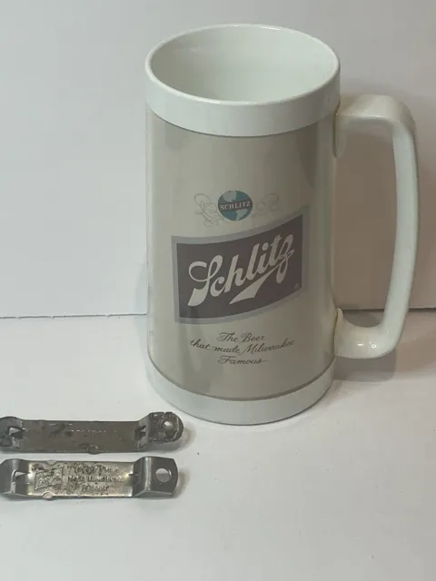 Vintage Thermo-Serv Schlitz Mug And Schlitz/Hamms Bottle Openers