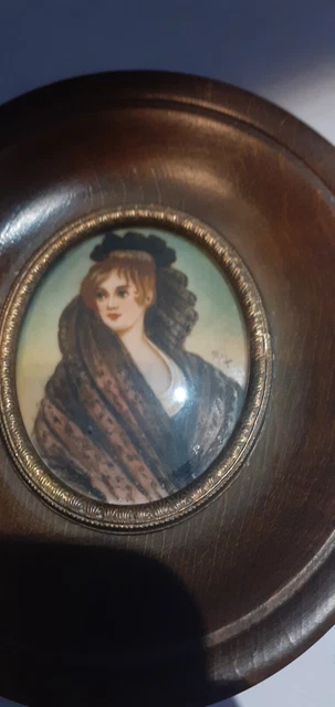 Portrait Miniature Ancien Signé - Élégante, Occasion, Pièce De Collection Ou Décoration Vintage