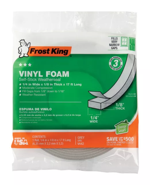 Frost King V442H Vinyl Clad Foam Waterproof Weather Seal 17 L ft.x1/8 Thick in.